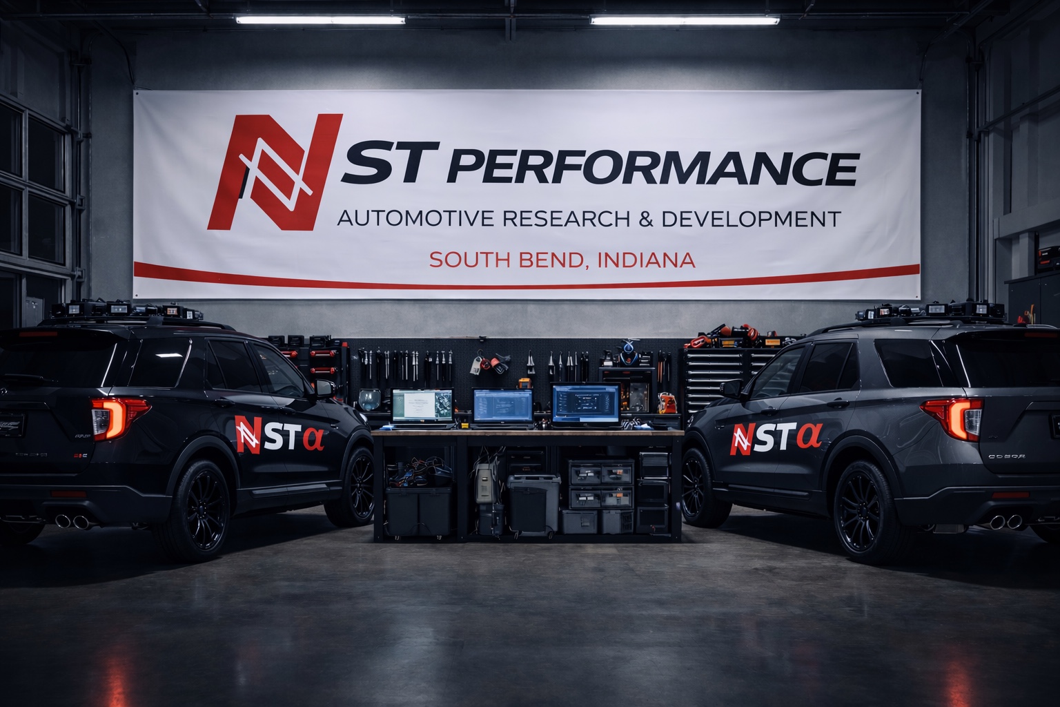 NST Performance research garage with white banner